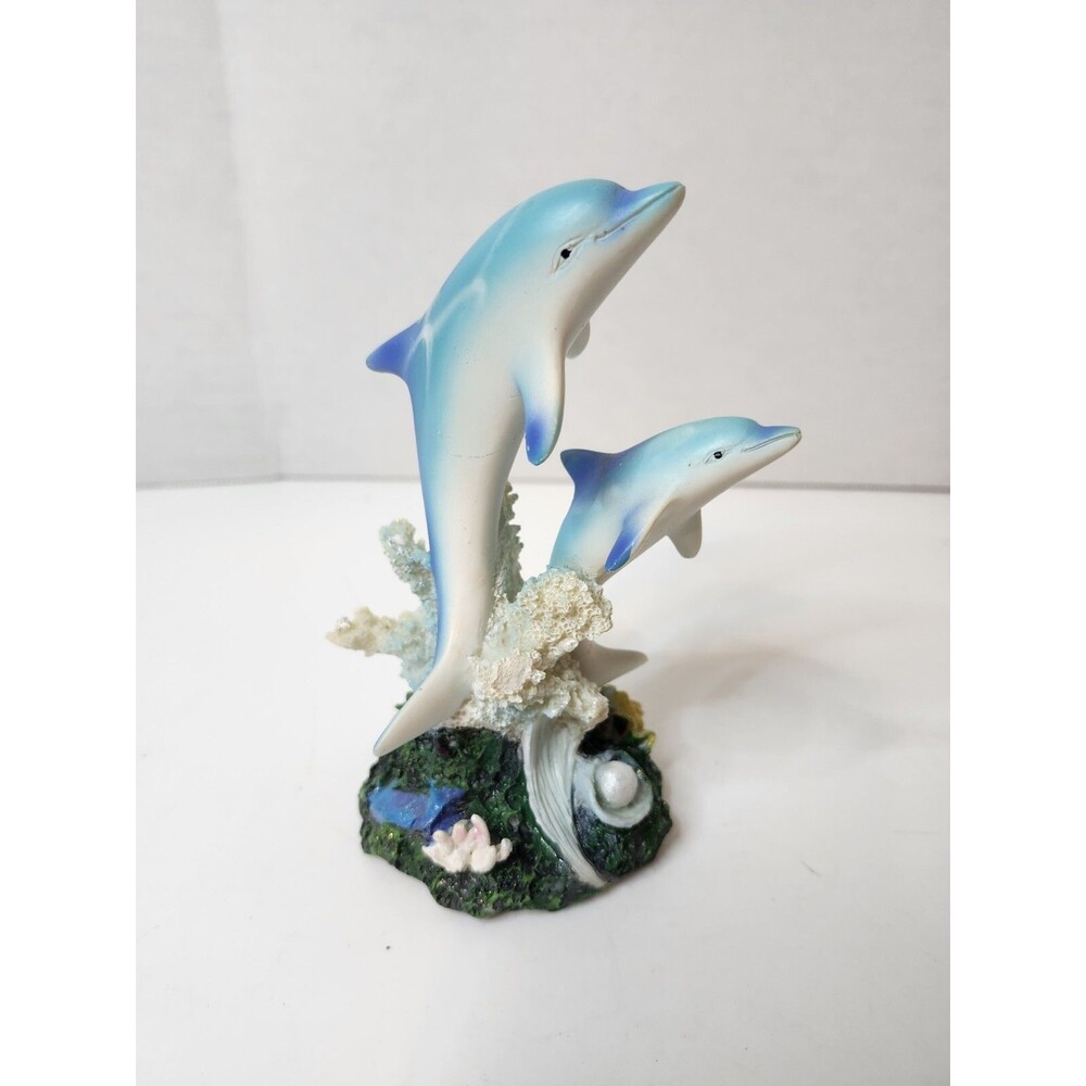Two Bottlenose Dolphins Swimming By Coral Reefs Statue 5.5"Tall